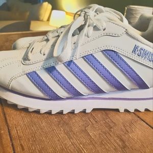KSwiss Tennis Shoes. White with purple stripes. Size 8.5